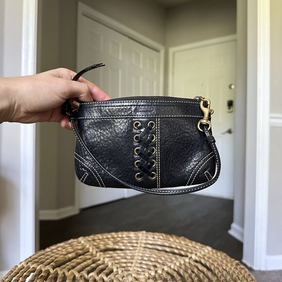 Coach Black Pebbled Leather Wristlet Corset Laced Braided Accent Contrast Stitch - Picture 3 of 8